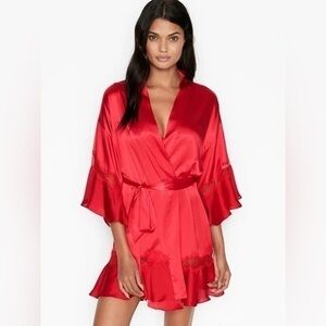 Rare Victorias Secret Red Satin Ruffle Flounce Bell Sleeves Kimono Robe XS/S